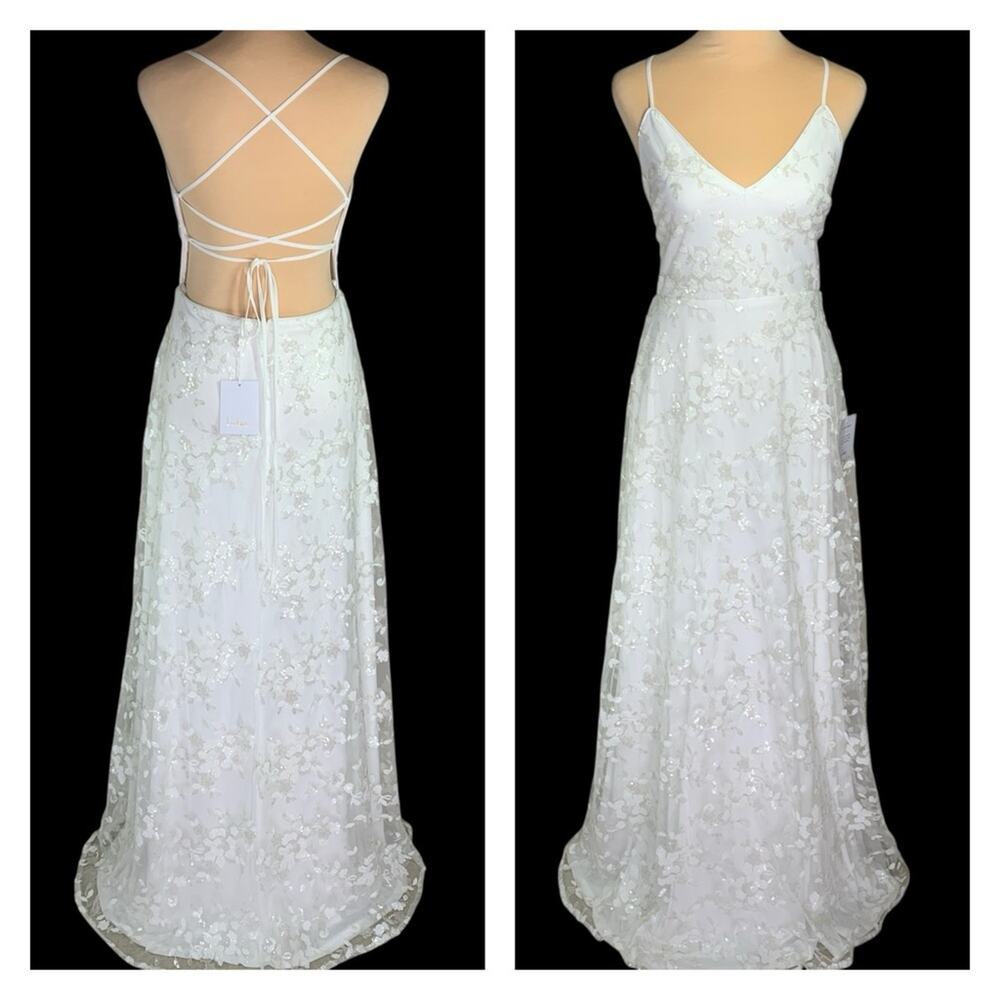 Lulus Magically Charming White Sequin Embroidered Maxi Dress M NWT Lace Up